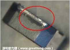 使用錫(Sn)鍍層的電源電感器(Power Inductors)，經過推力測試后，其焊點還保留在零件的端點上，所以推力比較高。