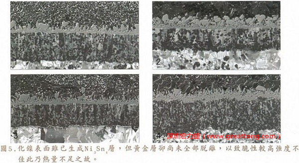 下面四圖顯示，當(dāng)焊接的熱量不足或未持續(xù)時(shí)，雖然Ni3Sn4的薄薄IMC層已經(jīng)生成而焊牢，但也會(huì)因?yàn)锳uSn及AuSn2還未來得及逸走，而停留在共金介面附近，當(dāng)有外力拉扯的時(shí)候，就很容易斷裂開來。這就是為何ENIG的焊點(diǎn)強(qiáng)度，始終不如銅面焊點(diǎn)(Cu6Sn5)來得更為牢固的主因之一。