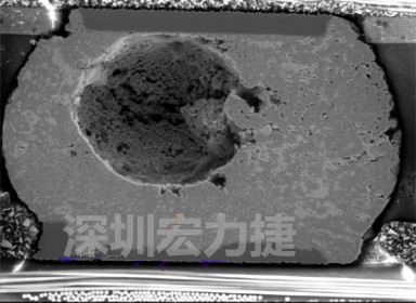 錫球氣泡大到足以影響到焊接的品質(zhì)，下圖是錫球切片后的剖面，可以很明顯看到氣泡已經(jīng)有錫球的 1/3 大了