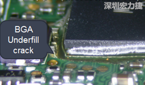 下面兩張照片就顯示既使添加了底部填充膠underfill，經(jīng)過摔落后還是發(fā)生BGA錫球破裂的問題，因為連Underfill膠都裂開了。