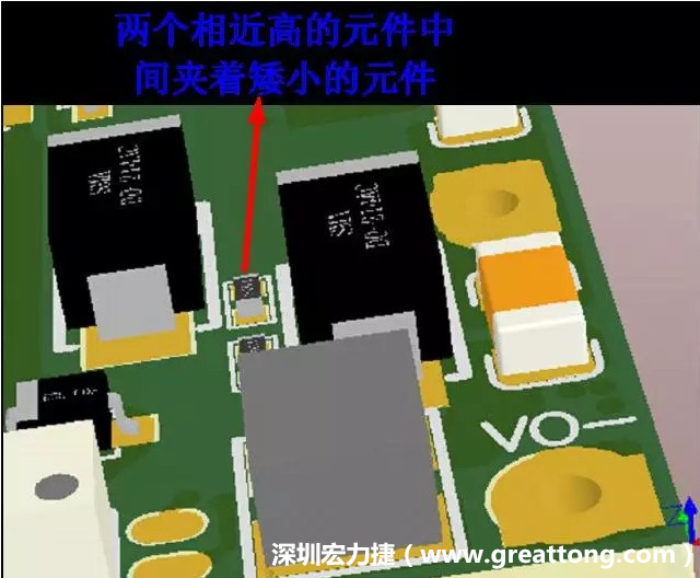 放置器件時要考慮以后的焊接和維修，兩個高度高的元件之間盡量避免放置矮小的元件