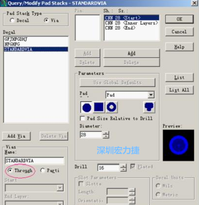 分析文件完成后，點擊菜單Setup→Pad Stacks調(diào)出焊盤堆設置窗口，將Pad Stack Type改為Via