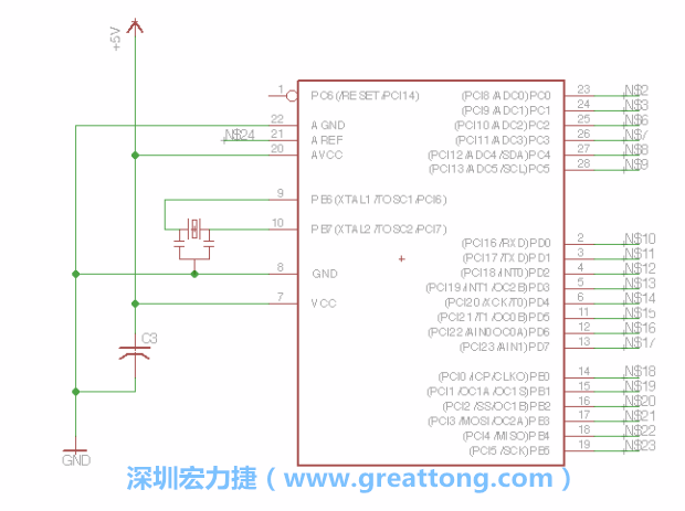 3.3.    將共鳴器（resonator）放置在針腳9和針腳10附近，將它的三個針腳連接如圖所示，并確認最中間的針腳有連到接地端。