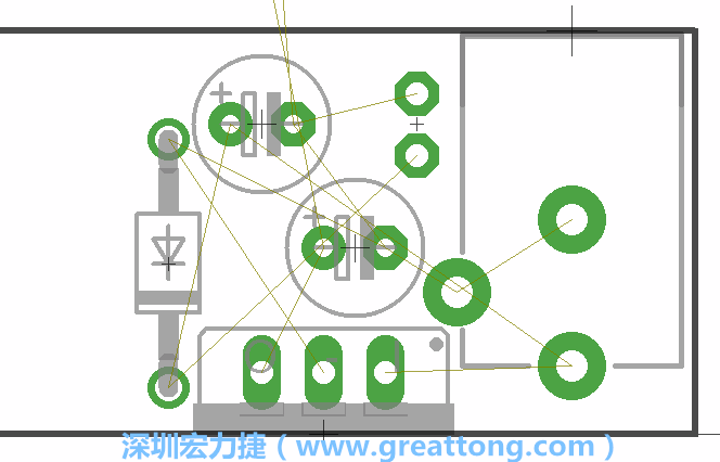 如同第一篇的步驟，我們將從電源迴路開始著手，移動電源插座（Power Jack）、電壓調(diào)整器、二極體、兩個電容和輔助接頭JP1到如上圖所示的位置。