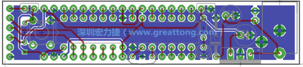 第二篇文章則帶領(lǐng)你進(jìn)行電路板上的布線、連結(jié)點(diǎn)的配置，并利用「設(shè)計(jì)規(guī)則檢查（Design Rule Check）」測(cè)試你的設(shè)計(jì)，第二篇文章的電路板設(shè)計(jì)圖將如下所示：