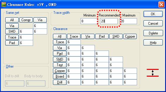 圖22 電源、接地線寬設定