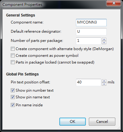按下工具  "Create a new component"， 出現(xiàn)底下畫面， 按下OK后， 產(chǎn)生MYCONN3/U? 文字重迭在一在， 把它們分開(kāi)(用mouse選擇并按下"M"， 即可移動(dòng))
