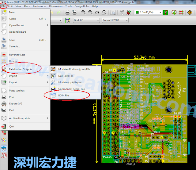 在Kicad的PCB Editor, 點(diǎn)選 File->Fabrication Outputs->BOM File, 即可產(chǎn)生一個 .csv 的Excel 檔案。