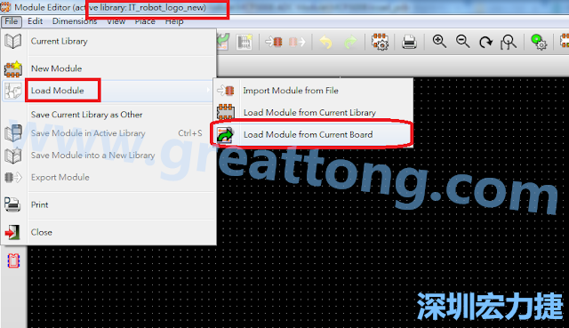 進入Module Editor去載入其他Footprint(Module)進來， 從目前的Active library (不過要先選取一個Current library ) 載入Module 或從目前正在編輯的PCB載入Module。
