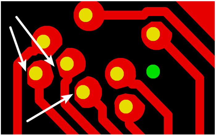 按源文件文件數(shù)據(jù)計算，孔邊緣到線邊緣6mil，孔環(huán)4mil，環(huán)到線只有2mil，保證環(huán)到線之間有3mil的安全間距需削1mil焊環(huán)，削后焊盤只有3mil