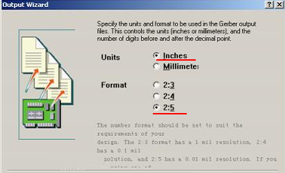 在上圖中選擇“Inches 2：5”，以確保資料精度，反之線寬、線距或孔有偏移現(xiàn)象