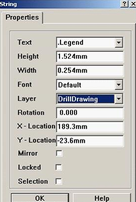 7. 放置分孔圖，按“P、S”在圖形的右下角放置一字符串，并雙擊打開，將Text改為。Legend；Layer改為DrillDrawing即可